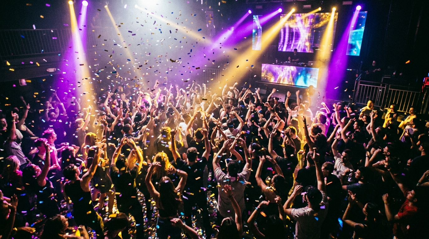 רחבת ריקודים מלאה בחתונה ישראלית עם תאורה צבעונית ואורחים רוקדים בשמחה