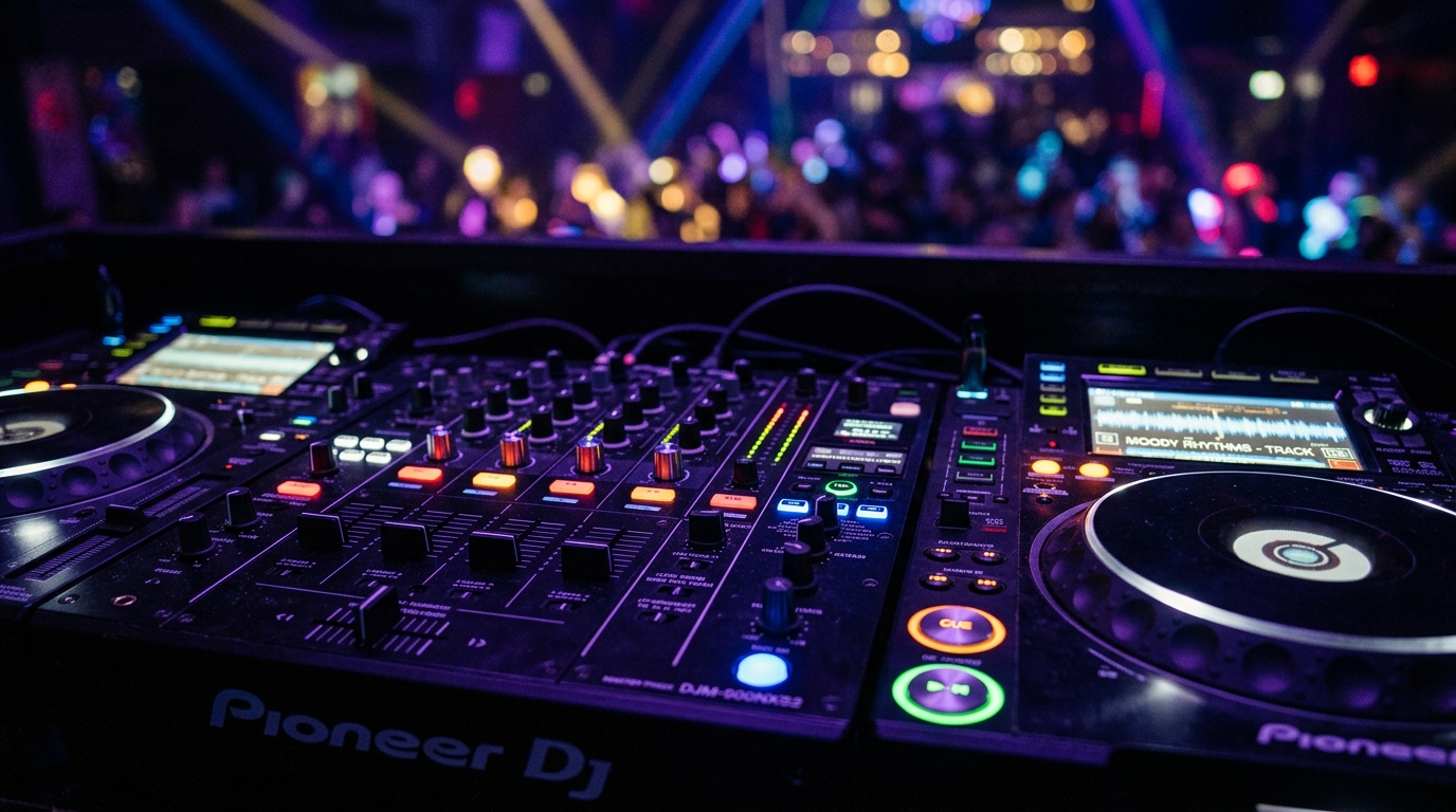 ציוד דיג'יי מקצועי כולל פלטות CDJ, מיקסר ומסכי LED מותקנים לאירוע