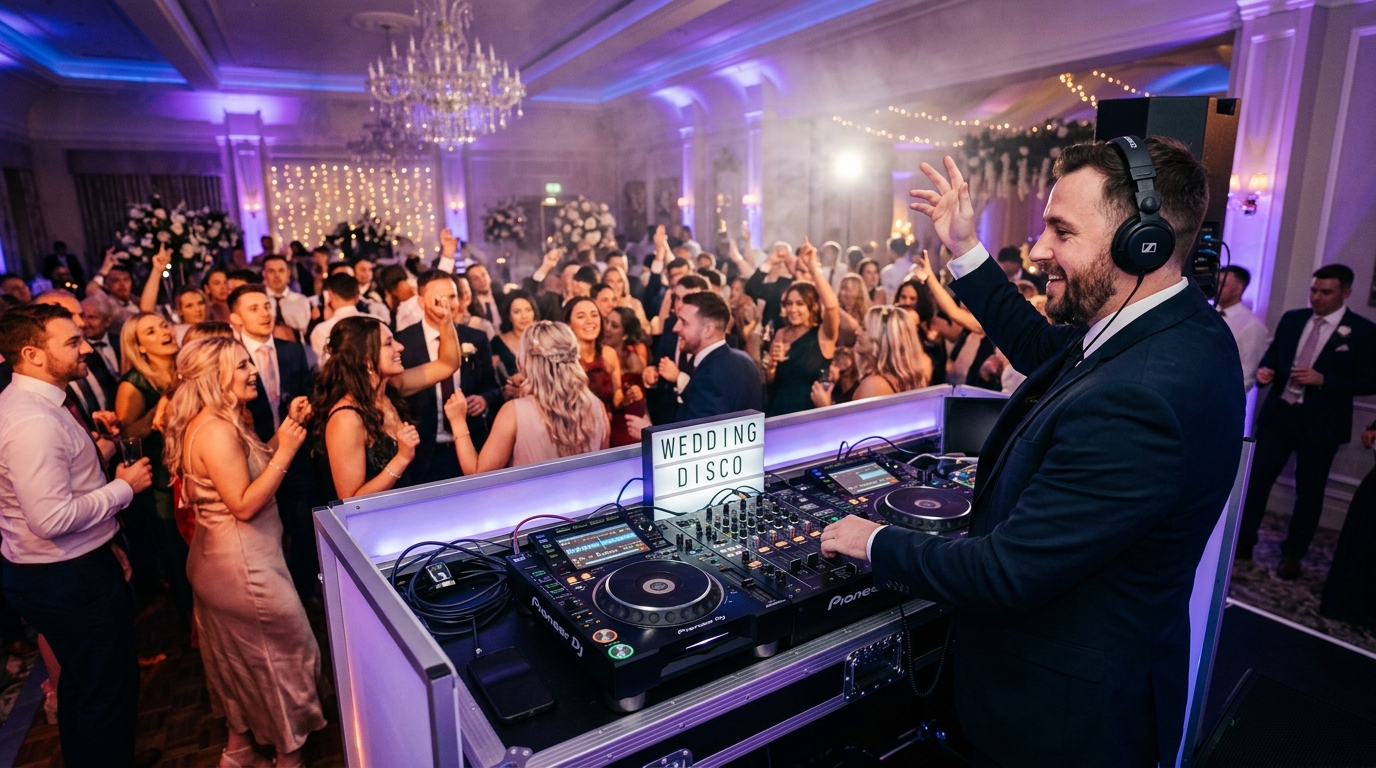 דיג'יי מקצועי עומד מאחורי עמדה בחתונה ישראלית עם ציוד הגברה ותאורת לד