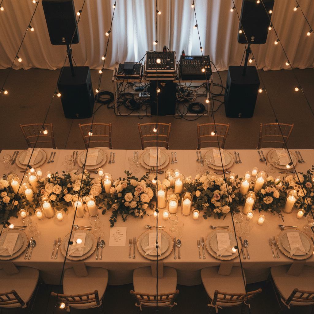 שולחנות חתונה מעוצבים באולם אירועים עם תאורה חמה ועיצוב פרחים רומנטי