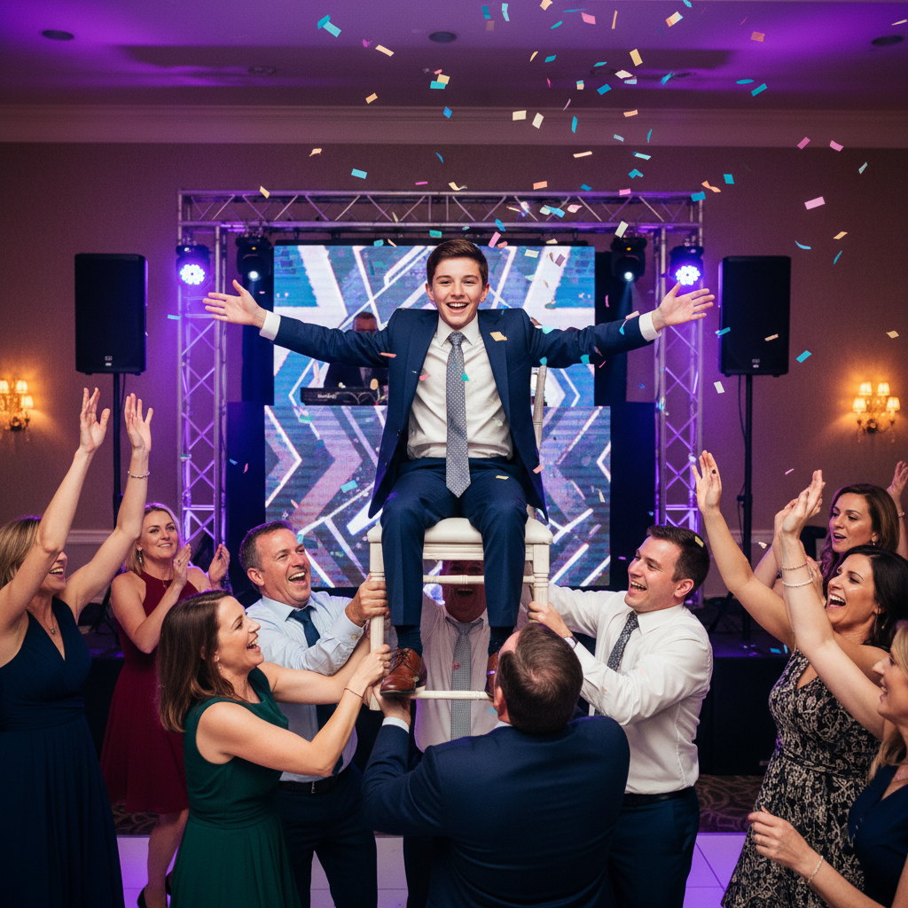 ילד בר מצווה מורם על כיסא באווירת מסיבה עם תאורה צבעונית ואנרגיה גבוהה