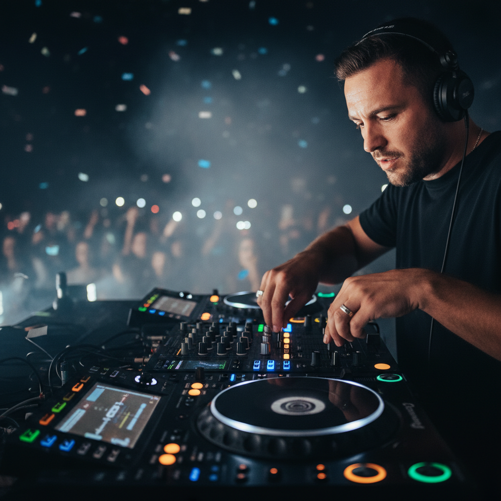 דיג'יי מקצועי מיקס שירים על ציוד CDJ עם תאורה צבעונית ברקע